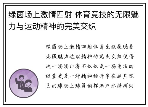 绿茵场上激情四射 体育竞技的无限魅力与运动精神的完美交织