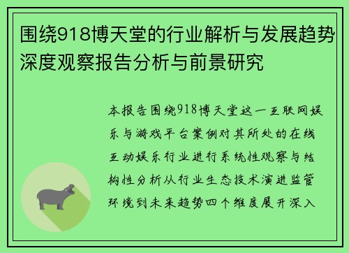 围绕918博天堂的行业解析与发展趋势深度观察报告分析与前景研究