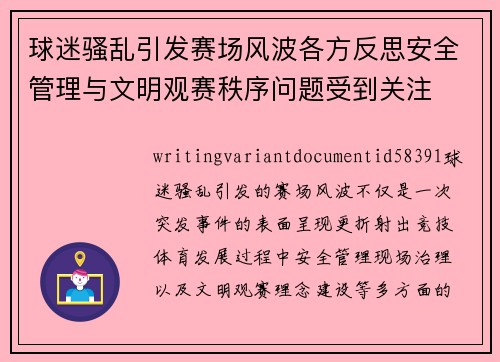 球迷骚乱引发赛场风波各方反思安全管理与文明观赛秩序问题受到关注